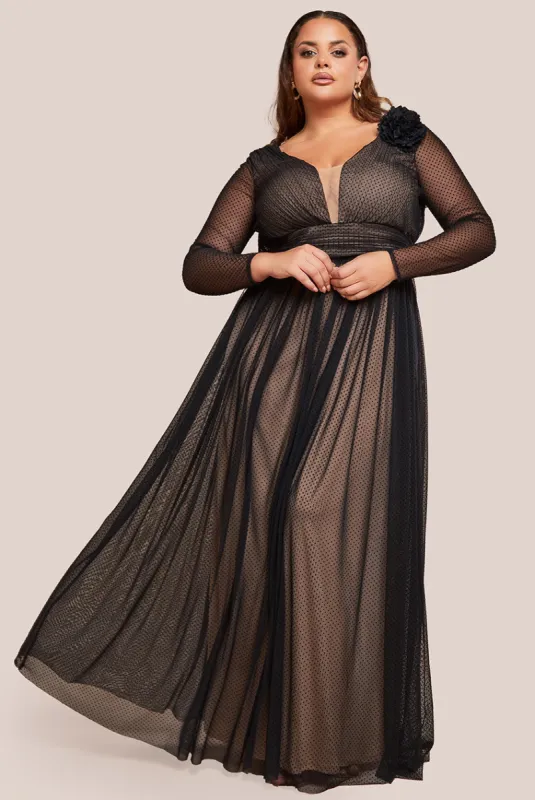 Corsage Dobby Mesh A-Line Maxi Dress - Black by Goddiva Plus sold by Goddiva