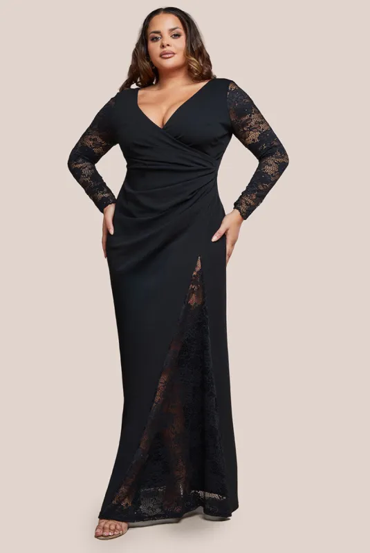 Scuba & Lace Wrap Maxi Dress - Black by Goddiva Plus sold by Goddiva