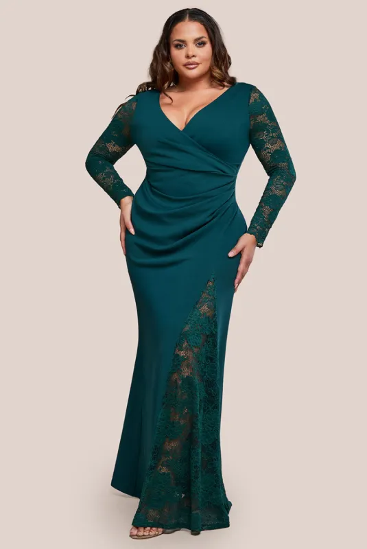 Scuba & Lace Wrap Maxi Dress - Emerald by Goddiva Plus sold by Goddiva