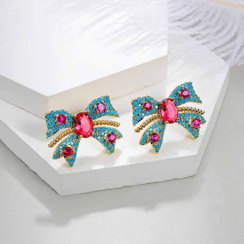 Embellished Bow Earring In Turquoise, Pink & Gold by Last True Angel sold by Goddiva
