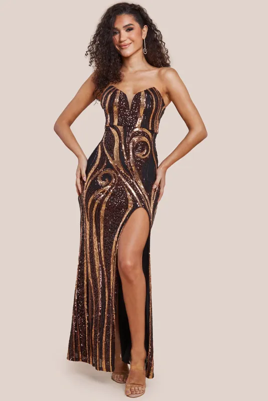 Strapless Multi Sequin Maxi Dress - Bronze by Goddiva sold by Goddiva