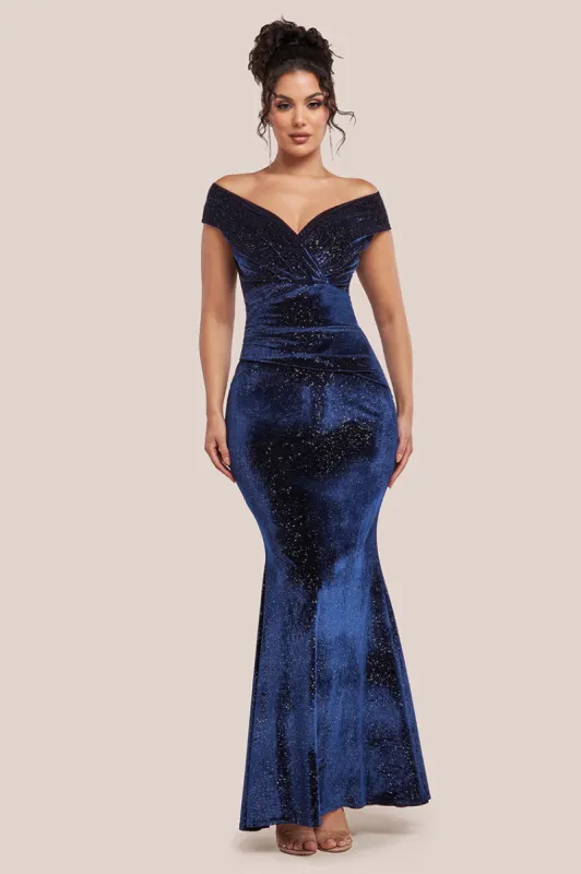 Shimmer Velvet Bardot Maxi Dress - Navy by Goddiva sold by Goddiva