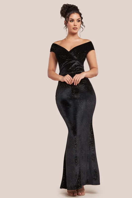 Shimmer Velvet Bardot Maxi Dress - Black Gold by Goddiva sold by Goddiva