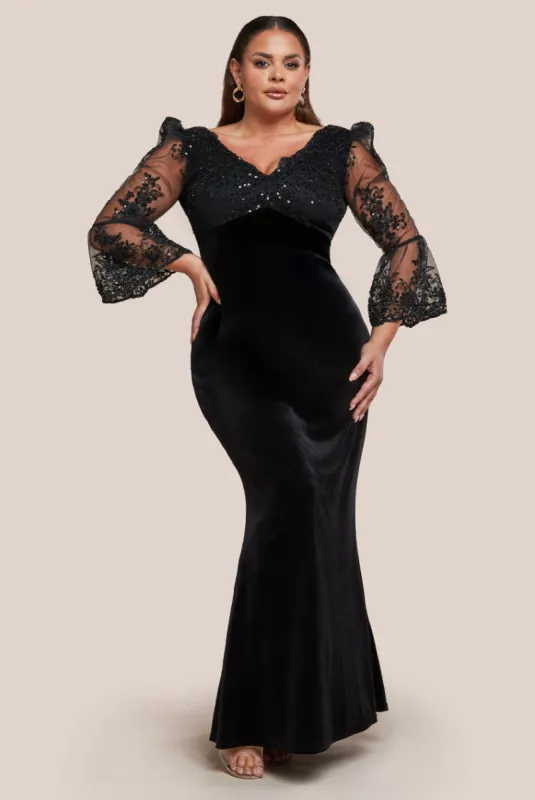Scalloped Lace & Velvet Maxi Dress - Black by Goddiva Plus sold by Goddiva