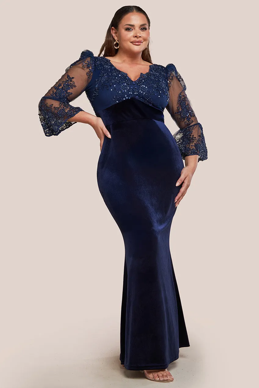 Scalloped Lace & Velvet Maxi Dress - Navy by Goddiva Plus sold by Goddiva