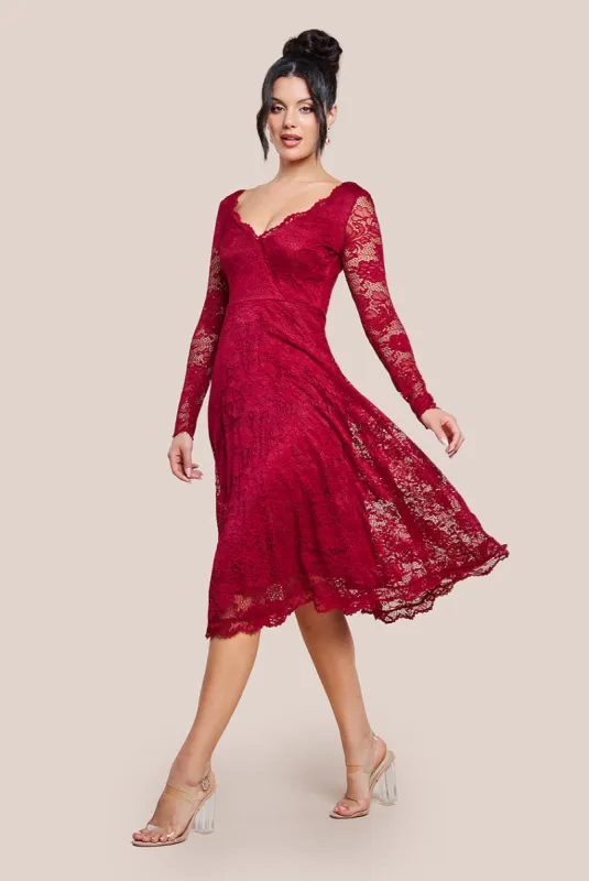 Scalloped Lace A-line Midi Dress - Wine by Goddiva sold by Goddiva