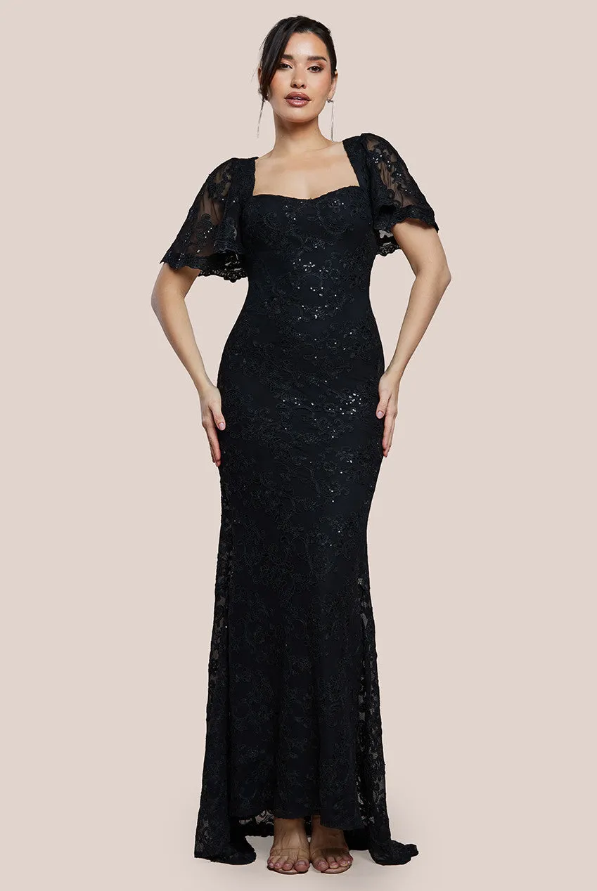 Scalloped Cape Open Back Lace & Sequin Maxi Dress - Black by Goddiva sold by Goddiva product image thumbnail 2