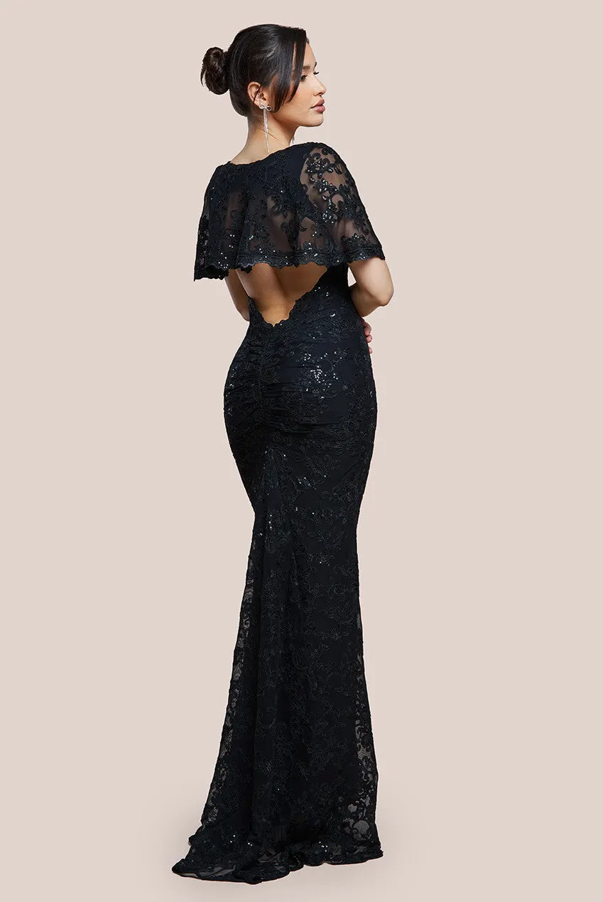 Scalloped Cape Open Back Lace & Sequin Maxi Dress - Black by Goddiva sold by Goddiva