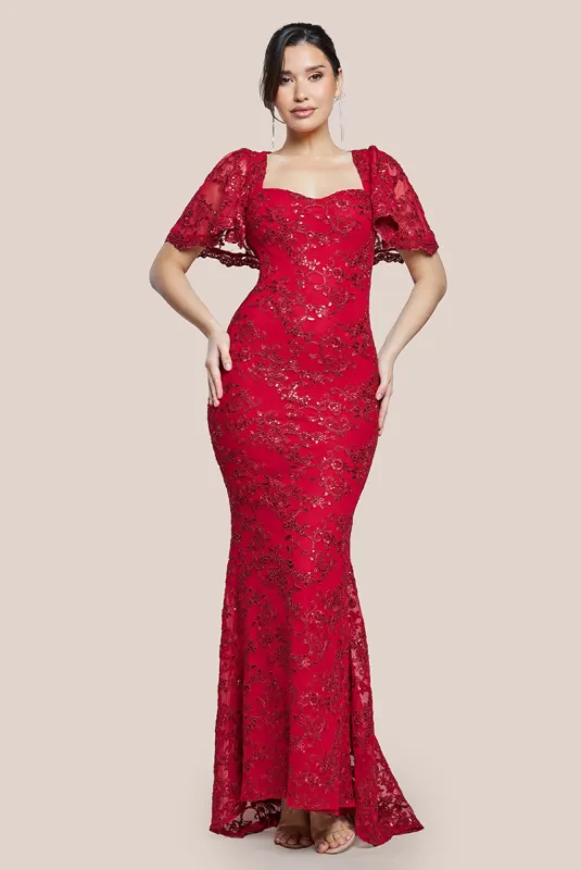Scalloped Cape Open Back Lace & Sequin Maxi Dress - Red by Goddiva sold by Goddiva