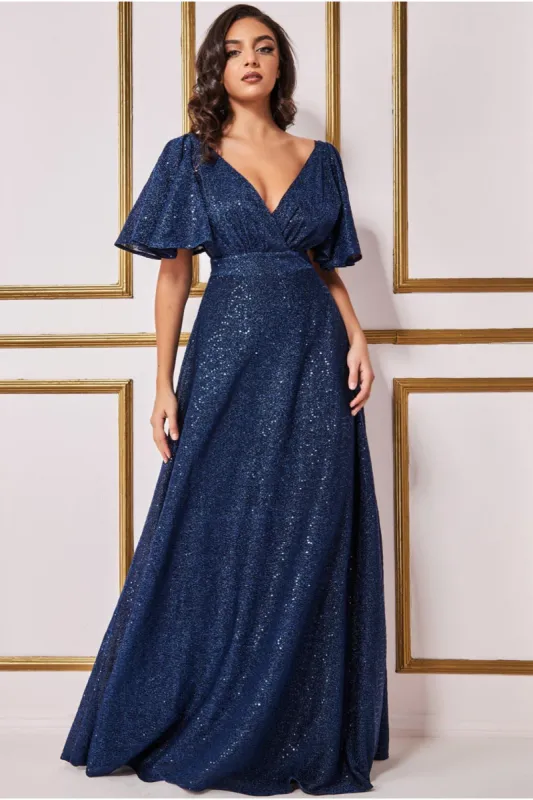 Goddiva Sequin Lurex Flutter Sleeve Maxi Dress - Navy sold by Goddiva