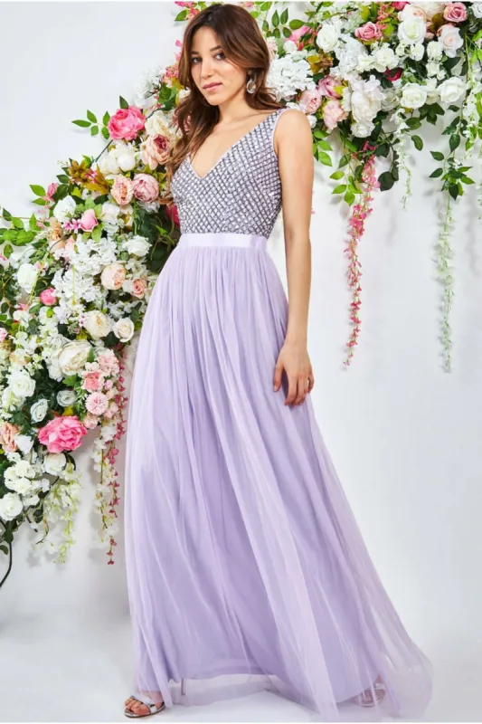 Goddiva Sequin Bodice Pleated Maxi Dress - Lavender sold by Goddiva