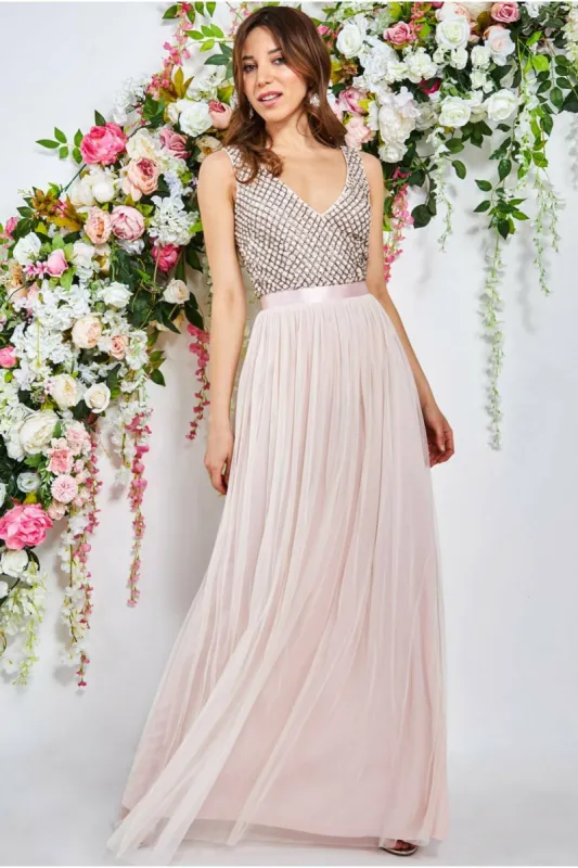 Goddiva Sequin Bodice Pleated Maxi Dress - Blush sold by Goddiva