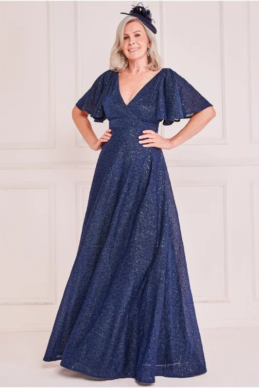 Goddiva Lurex Sequin Flutter Sleeve Maxi - Navy sold by Goddiva