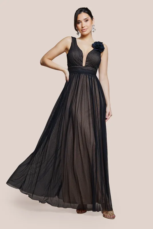 Sleeveless Pleated Dobby Mesh Corsage Maxi Dress - Black by Goddiva sold by Goddiva