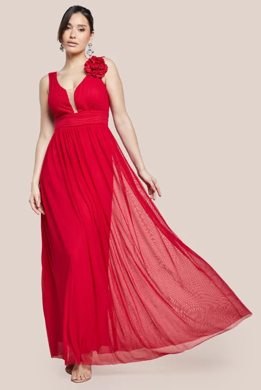 Sleeveless Pleated Dobby Mesh Corsage Maxi Dress - Red by Goddiva sold by Goddiva