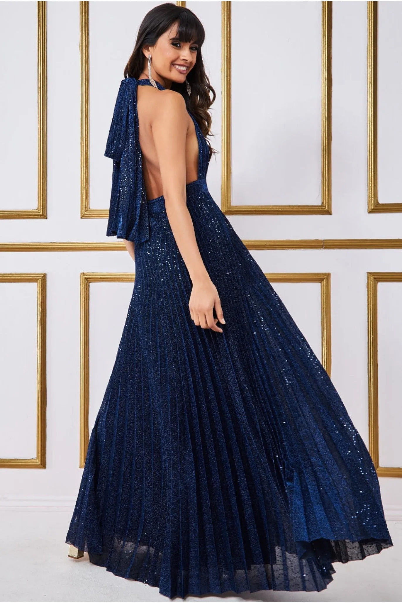 Goddiva Plunge Halterneck Sequin Lurex Maxi - Navy sold by Goddiva