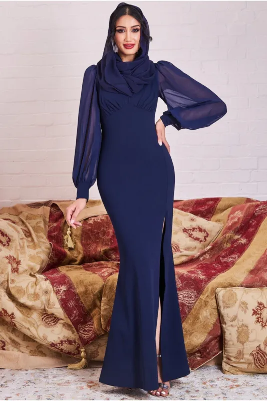 Modesty Chiffon Thigh Split Maxi - Navy by Goddiva sold by Goddiva