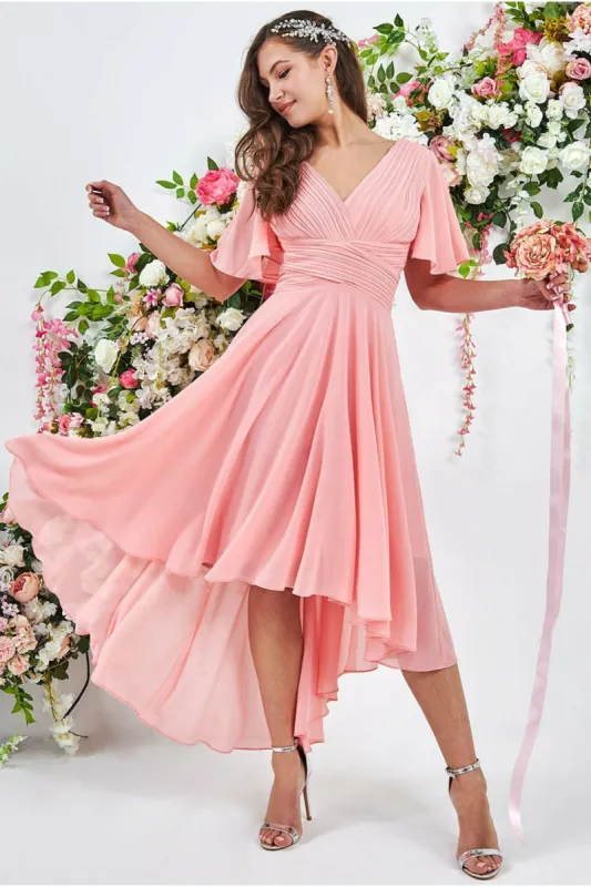 Pleated Chiffon High Low Midi Dress - Peach by Goddiva sold by Goddiva