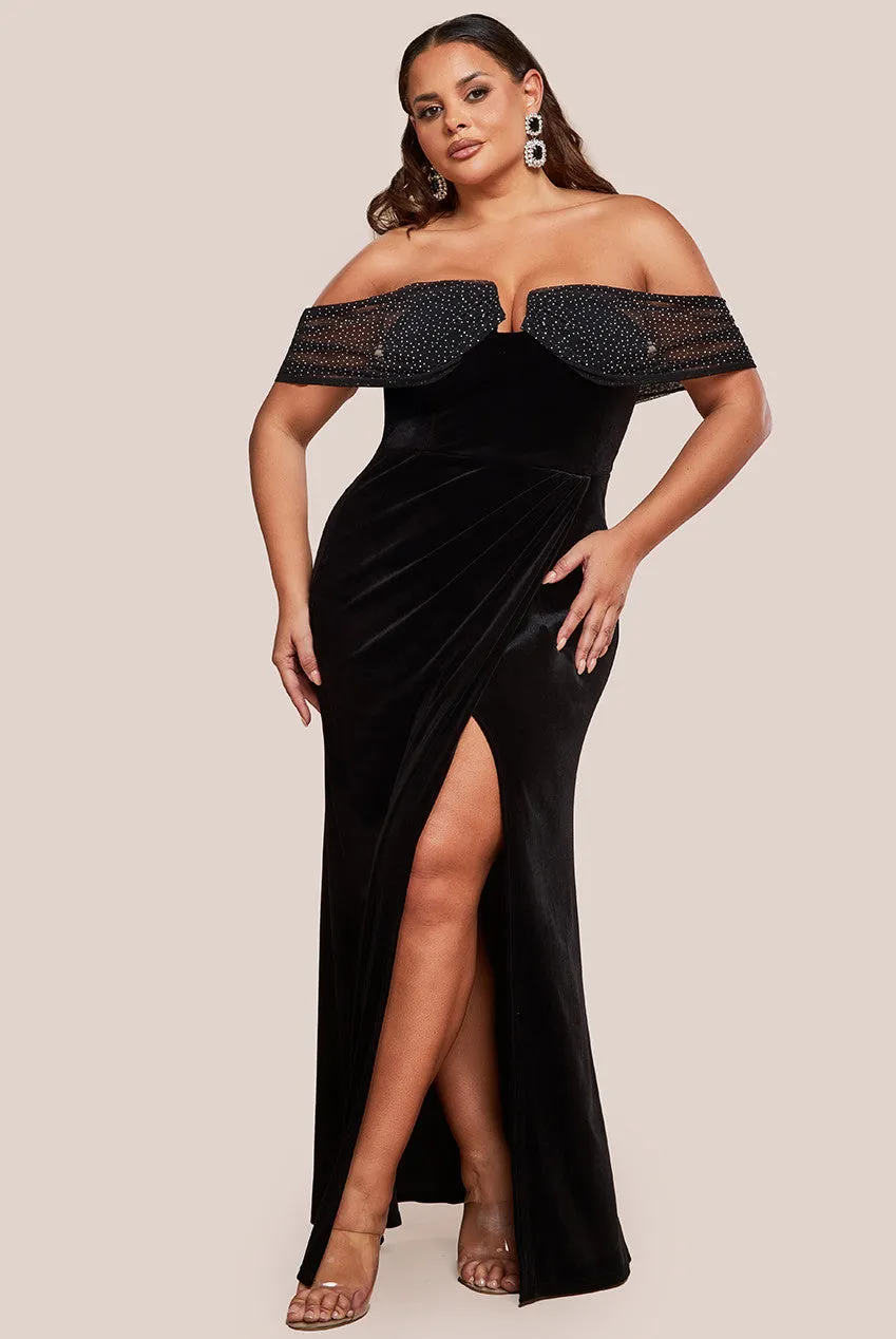 Off Shoulder Hotfix Diamante Wing Velvet Maxi Dress - Black by Goddiva Plus sold by Goddiva