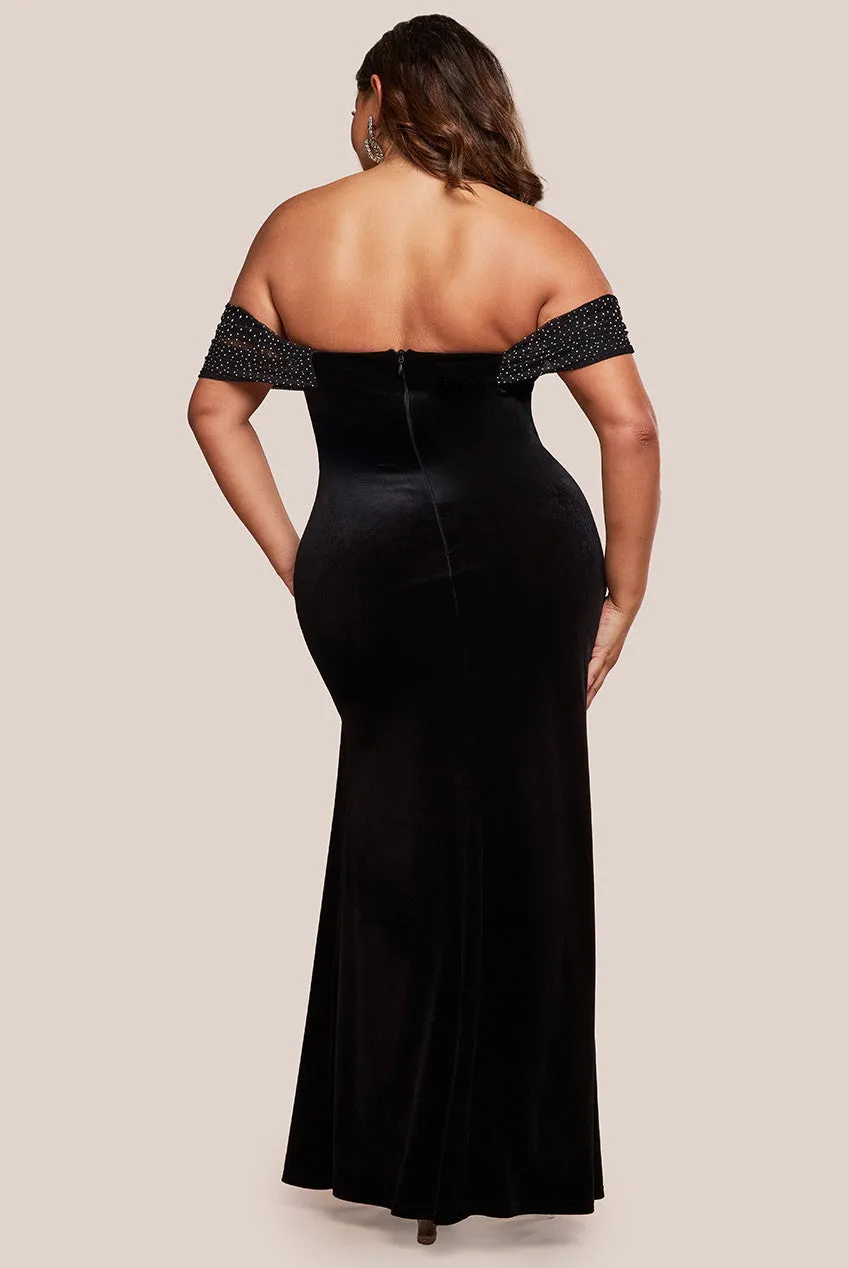 Off Shoulder Hotfix Diamante Wing Velvet Maxi Dress - Black by Goddiva Plus sold by Goddiva product image thumbnail 2