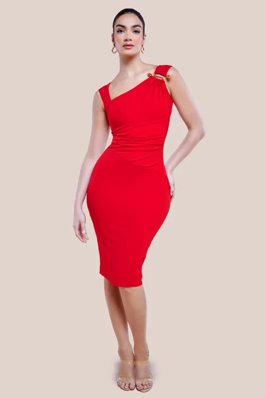 Scuba Crepe Asymmetric Neck Midi Dress - Red by Goddiva sold by Goddiva
