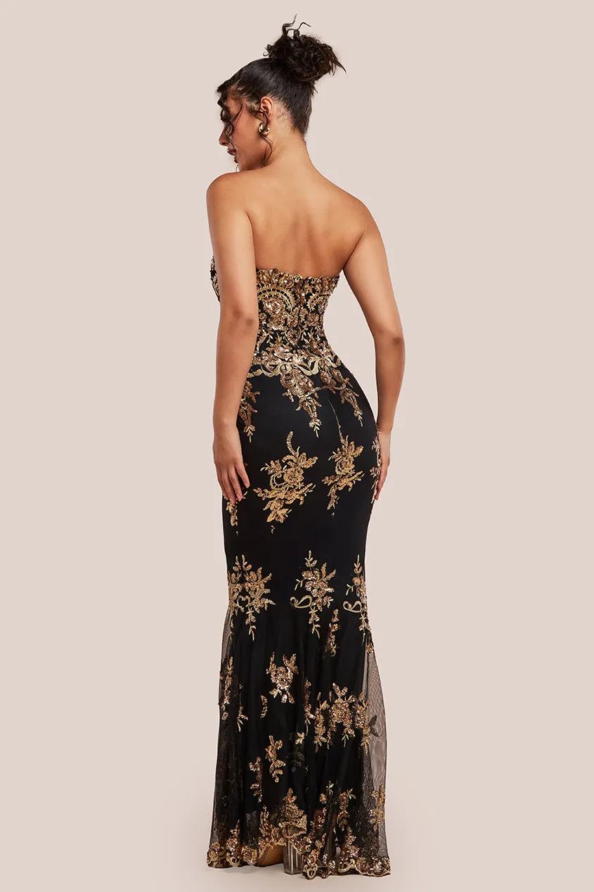 Scallop Bandeau Sequin Mesh Maxi Dress - Black Gold by Goddiva sold by Goddiva product image thumbnail 2