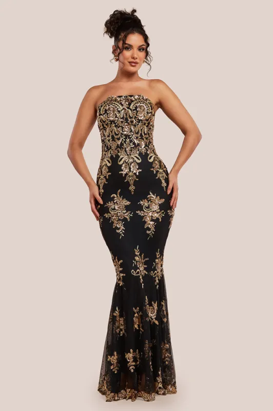 Scallop Bandeau Sequin Mesh Maxi Dress - Black Gold by Goddiva sold by Goddiva