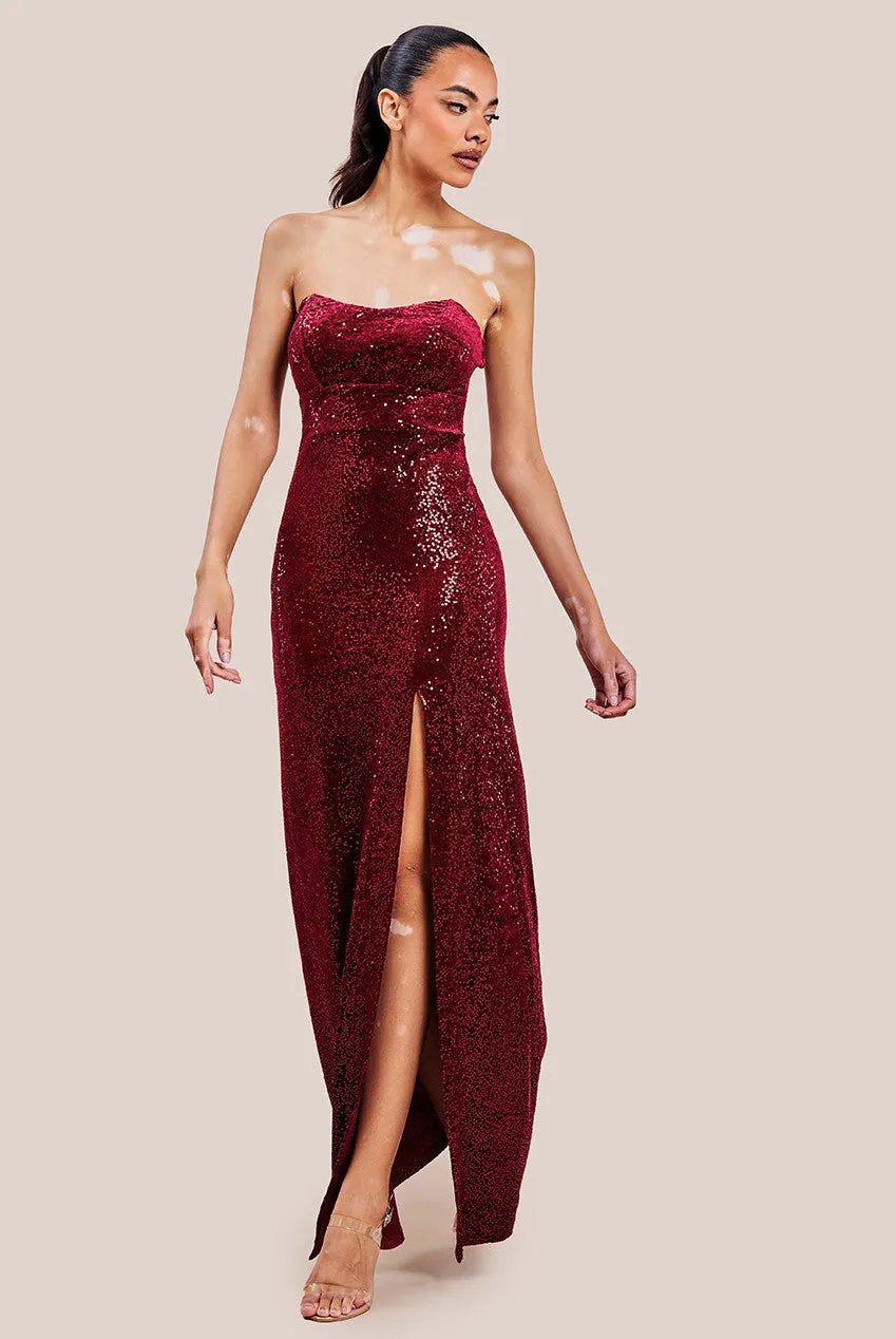 Sequin Velvet Bandeau Maxi Dress - Wine by Goddiva sold by Goddiva