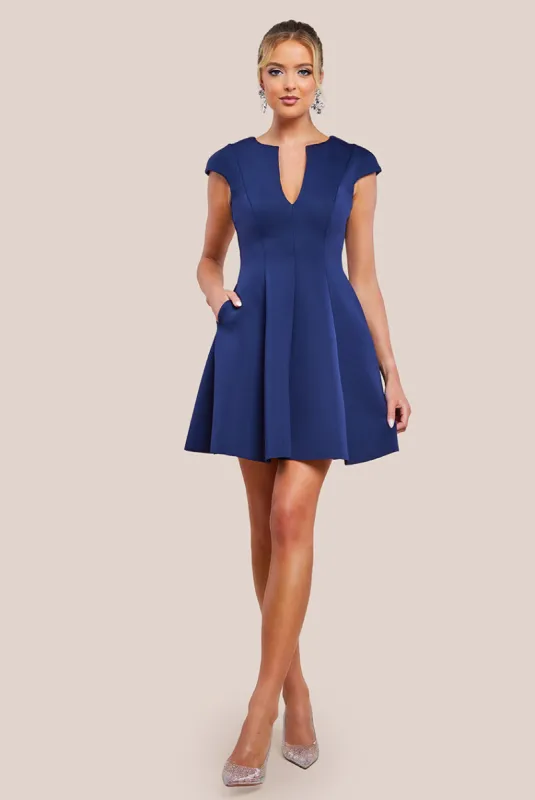 Cap Sleeve Plunging V-Neckline Skater Mini Dress - Navy Blue by Goddiva sold by Goddiva