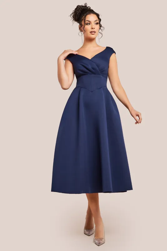 Corset Fit & Flare Midi Dress - Navy by Goddiva sold by Goddiva
