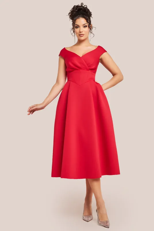 Corset Fit & Flare Midi Dress - Red by Goddiva sold by Goddiva