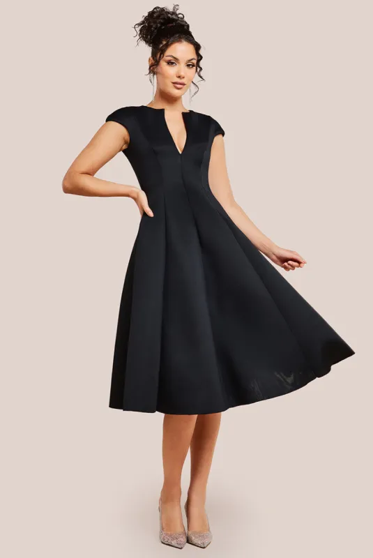 Cap Sleeve Plunging V-Neckline A-line Midi Dress - Black by Goddiva sold by Goddiva