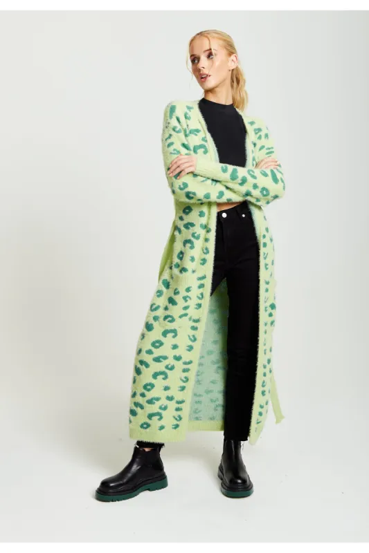 Liquorish Fluffy Longline Cardigan In Green Animal Print by Liquorish sold by Goddiva