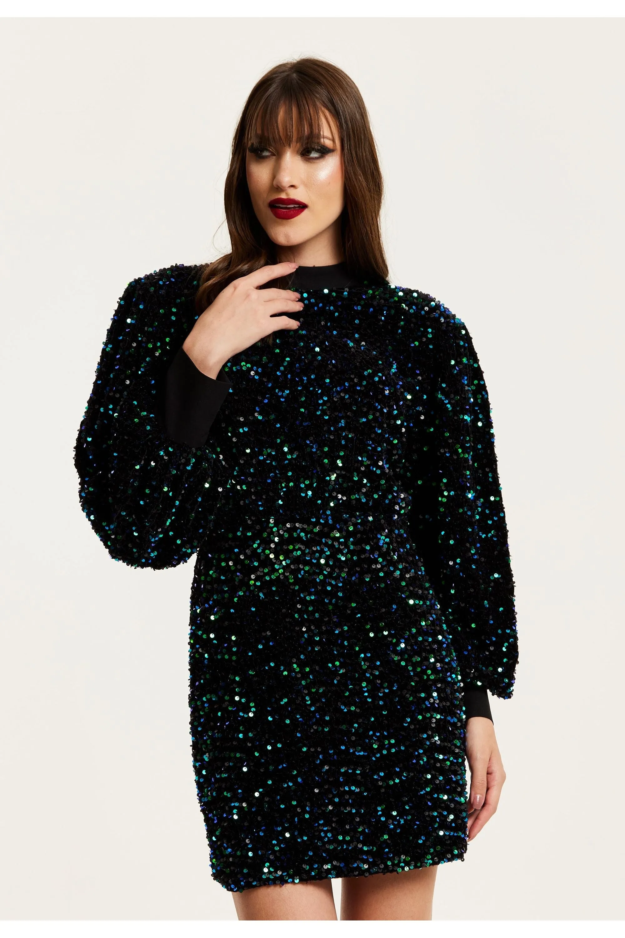 Black Velvet Based Green And Blue Sequin Mini Dress by Liquorish sold by Goddiva product image thumbnail 3