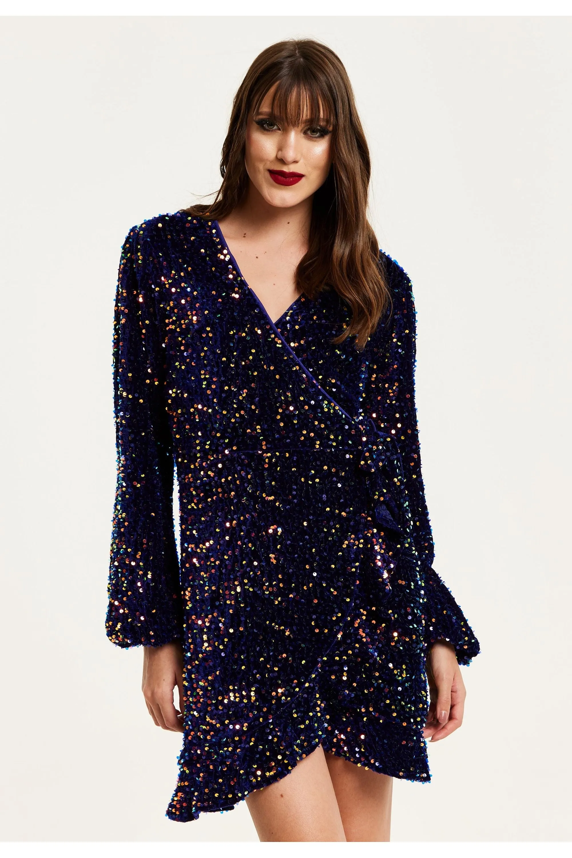 Royal Blue Velvet Based Multicolour Sequin Mini Wrap Dress by Liquorish sold by Goddiva product image thumbnail 4