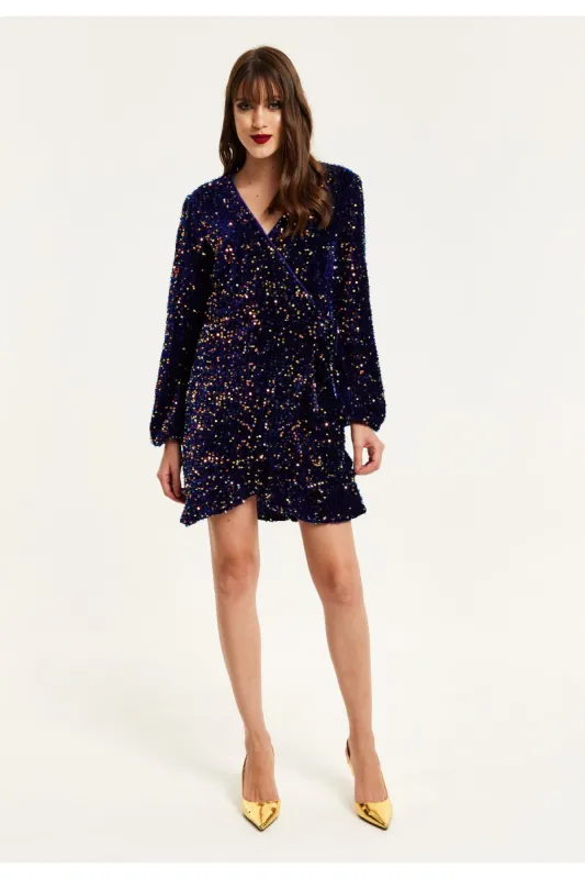 Royal Blue Velvet Based Multicolour Sequin Mini Wrap Dress by Liquorish sold by Goddiva