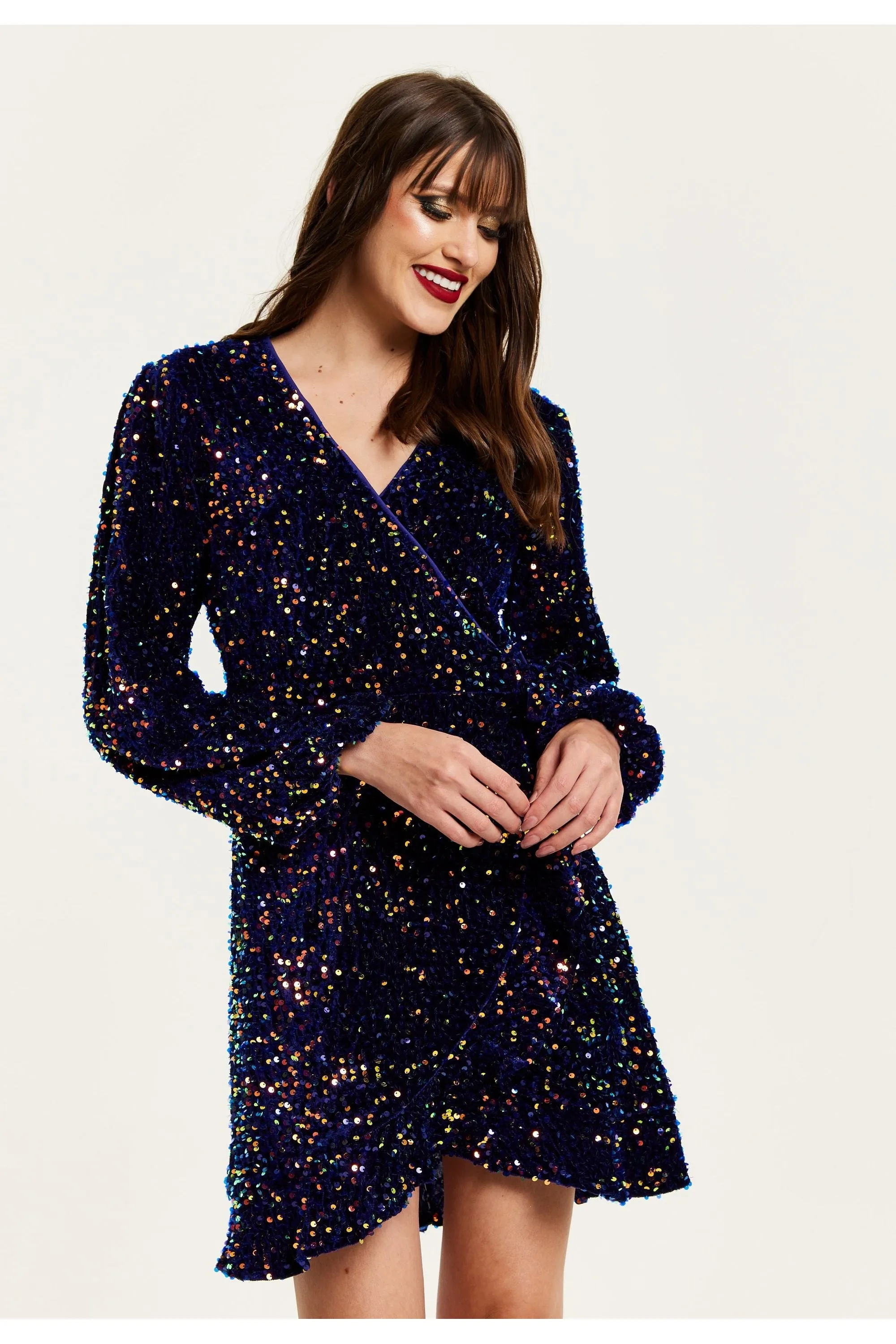 Royal Blue Velvet Based Multicolour Sequin Mini Wrap Dress by Liquorish sold by Goddiva product image thumbnail 2