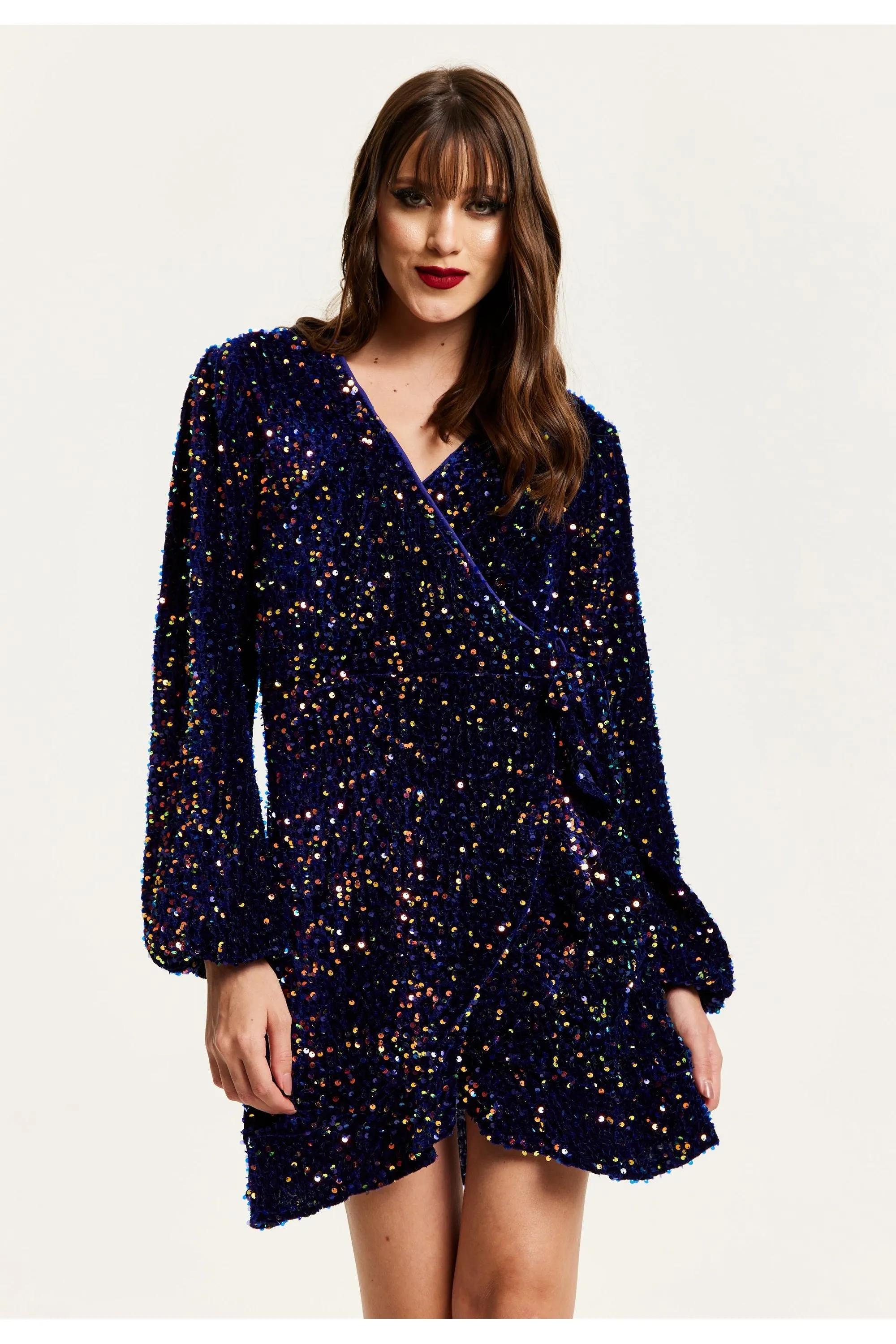 Royal Blue Velvet Based Multicolour Sequin Mini Wrap Dress by Liquorish sold by Goddiva product image thumbnail 3
