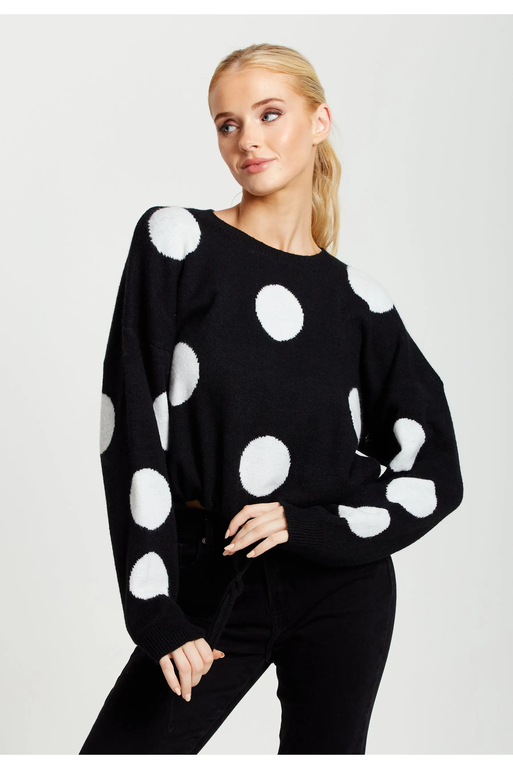 Liquorish White Polka Dot Jumper In Black sold by Goddiva
