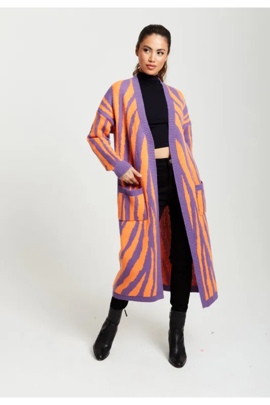 Liquorish Longline Cardigan In Orange And Purple sold by Goddiva