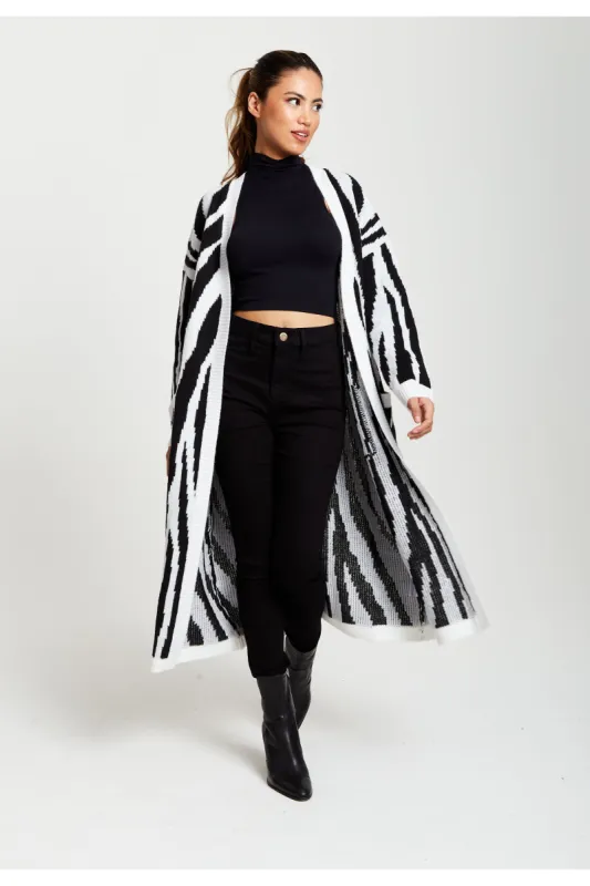 Liquorish Longline Cardigan In Black And White Zebra Pattern sold by Goddiva