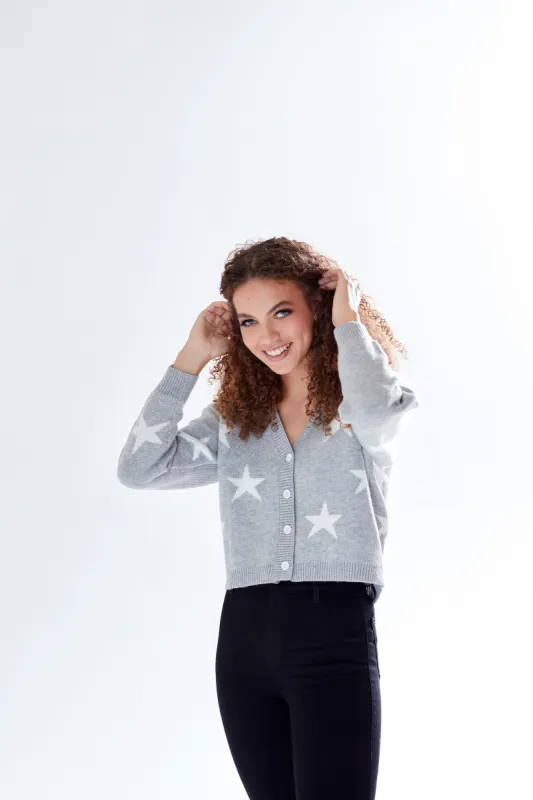 Star Pattern V-neck Button Down Cardigan Grey by Liquorish sold by Goddiva
