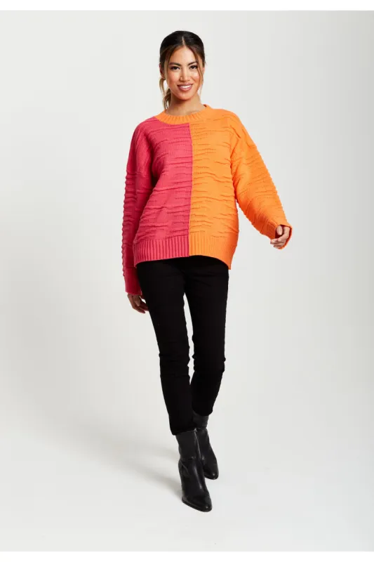 Liquorish Colour Block Jumper In Orange And Pink sold by Goddiva