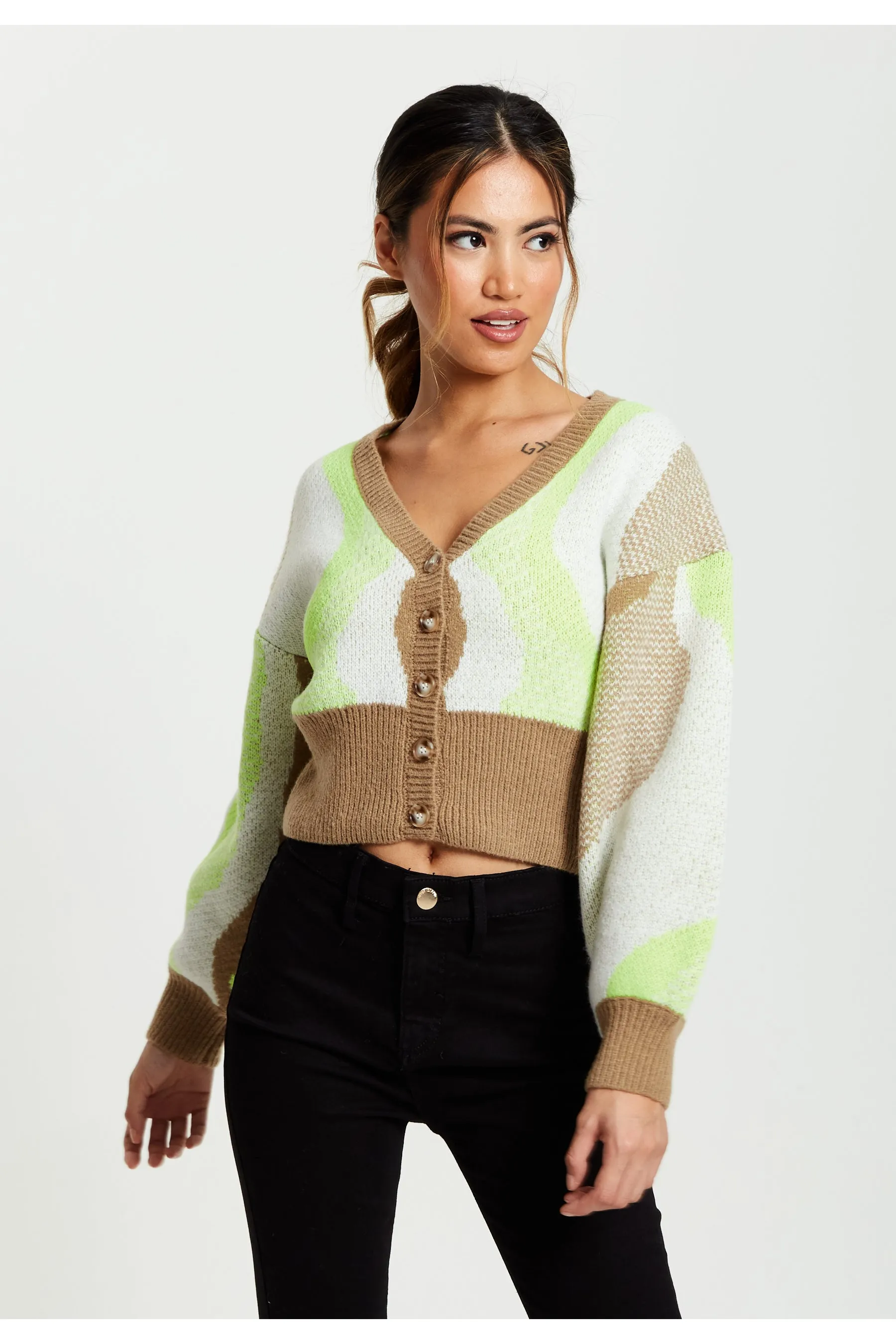Cardigan In Brown, Green And Cream by Liquorish sold by Goddiva product image thumbnail 3