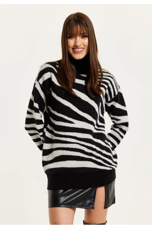 Mono Zebra High Neck Jumper by Liquorish sold by Goddiva
