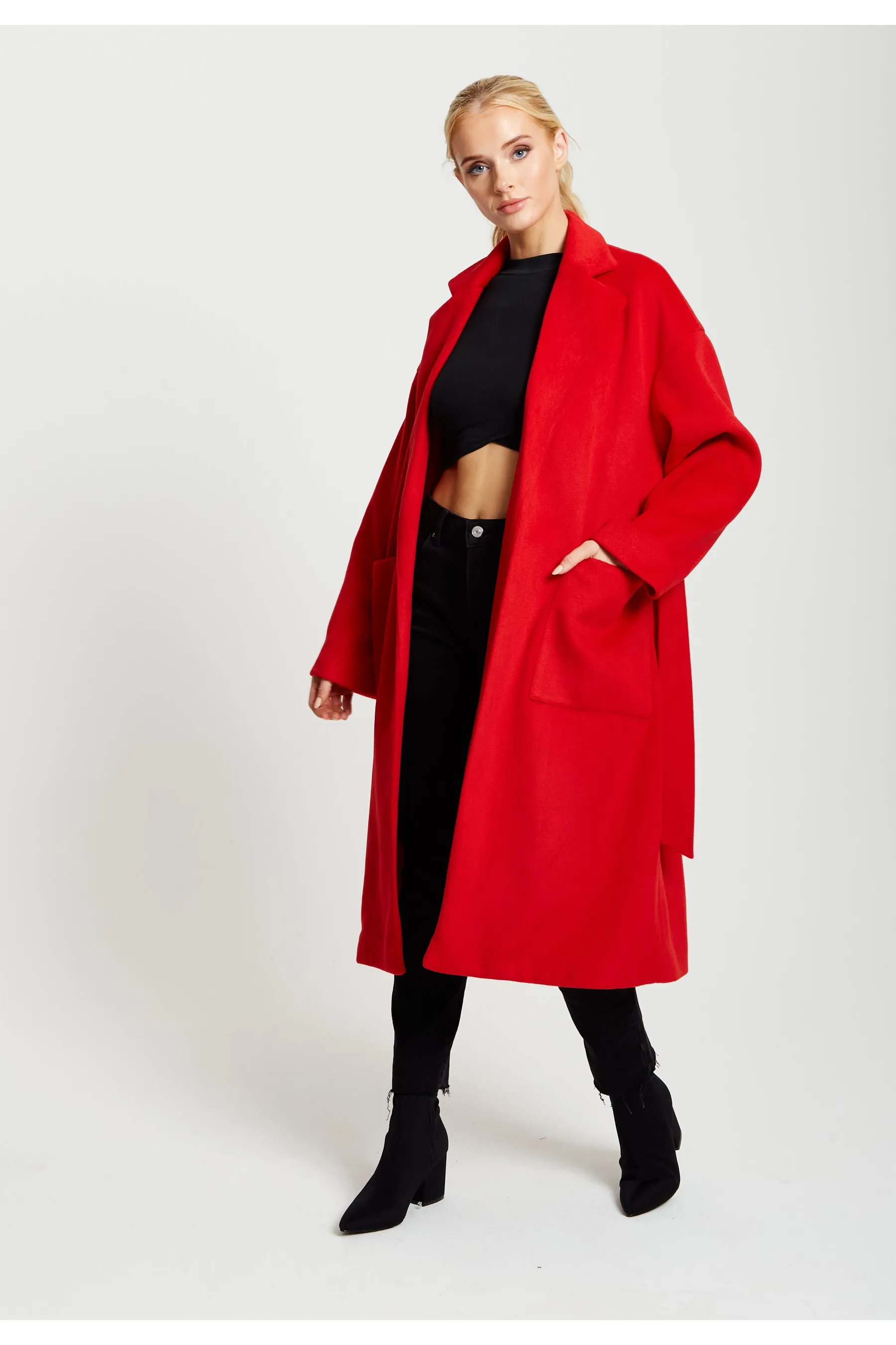 Belted Longline Coat In Red by Liquorish sold by Goddiva product image thumbnail 2