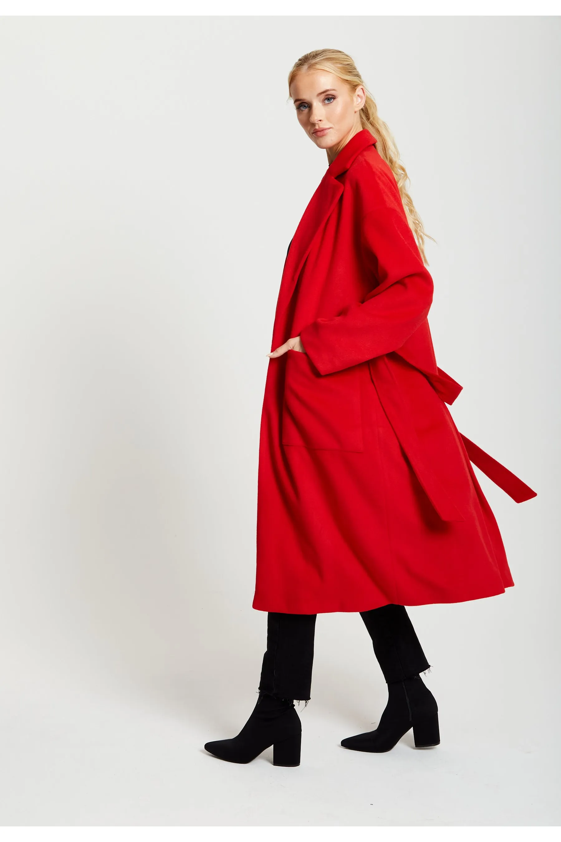 Belted Longline Coat In Red by Liquorish sold by Goddiva product image thumbnail 3
