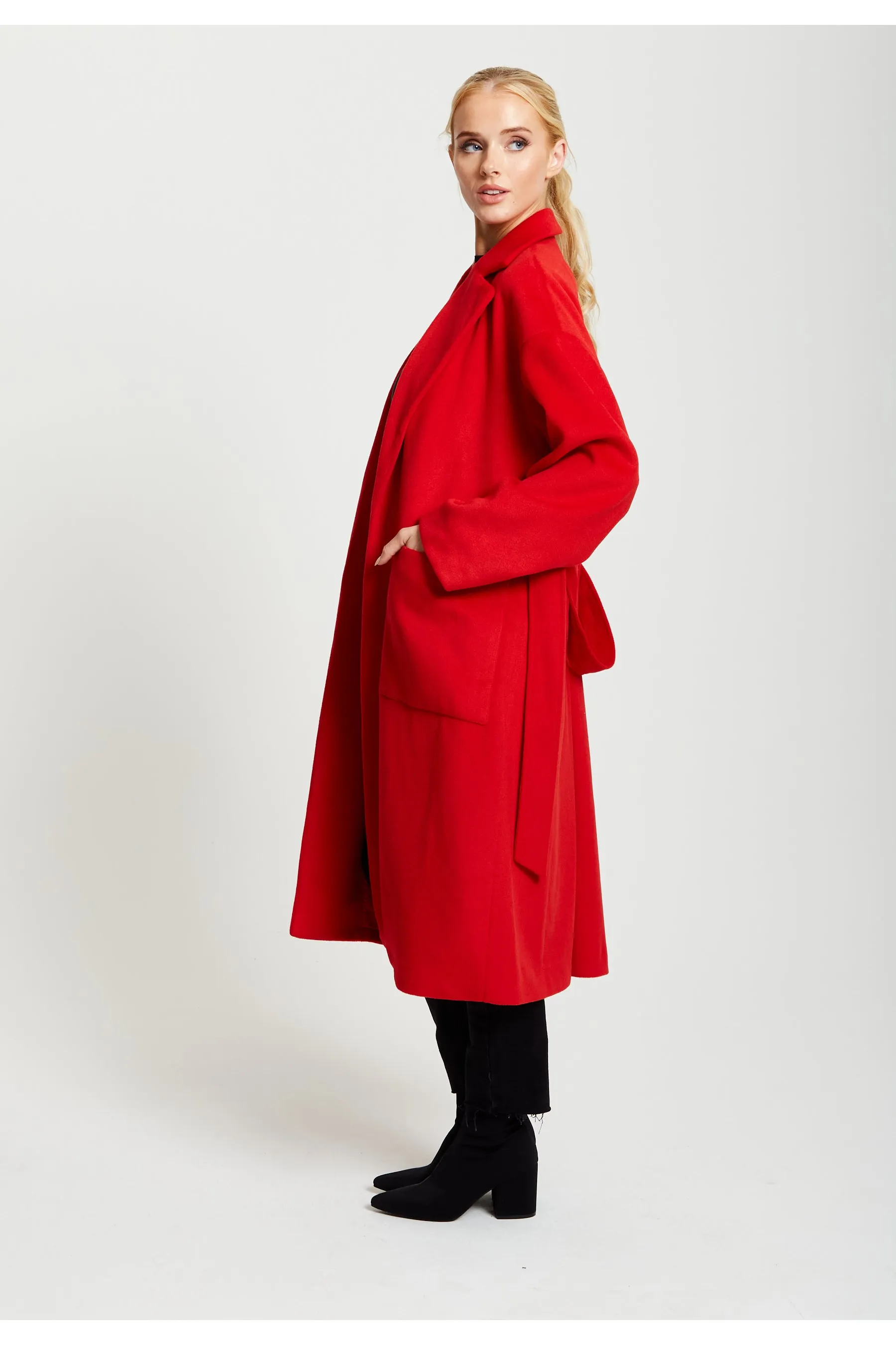 Belted Longline Coat In Red by Liquorish sold by Goddiva product image thumbnail 4