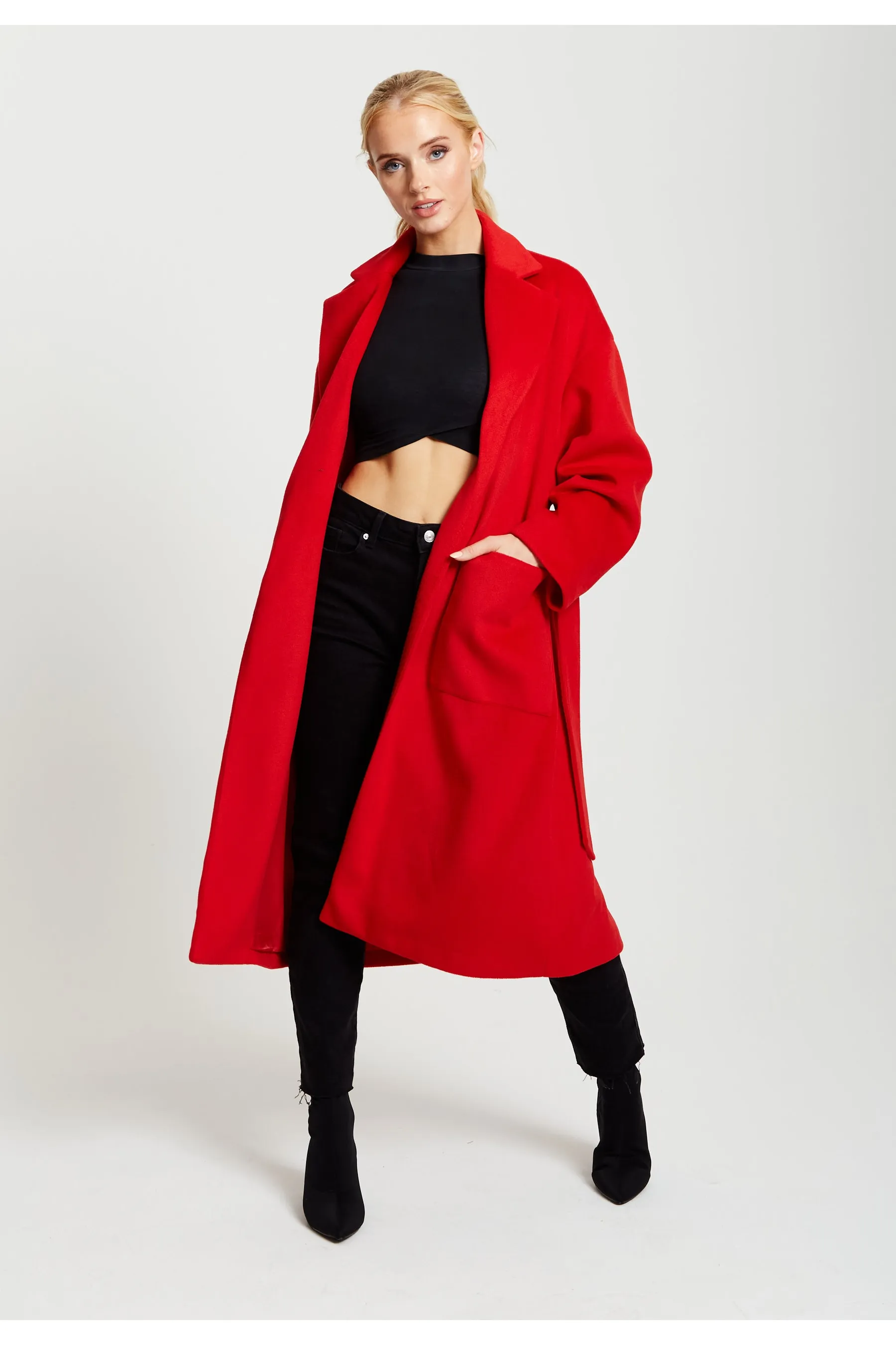 Belted Longline Coat In Red by Liquorish sold by Goddiva