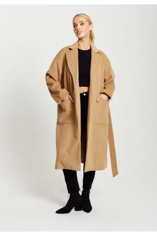 Belted Longline Coat In Camel by Liquorish sold by Goddiva
